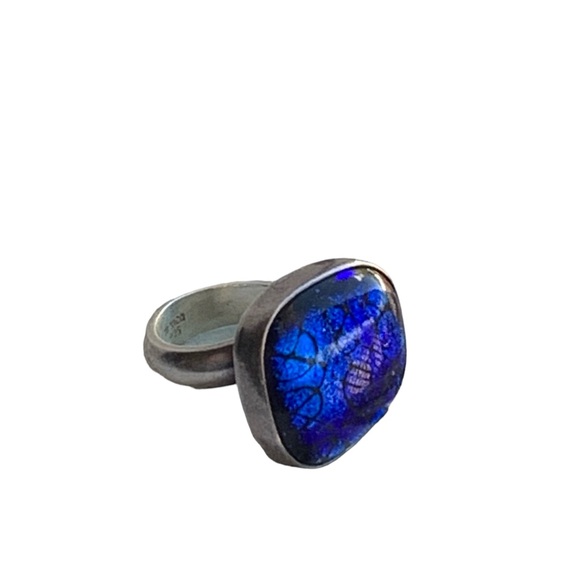 unbranded Jewelry - Mexico Modernist Sterling Silver Bright Cobalt Blue Glass Unisex Ring Jewelry